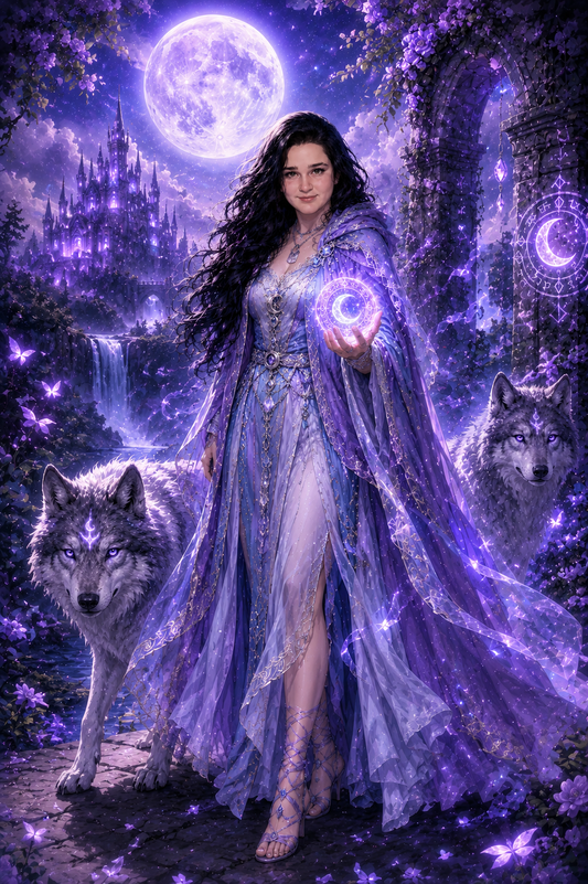 Aurora e i Lupi della Luna – Poster Fantasy Dark Viola Digitale | Arte Magica delle Rune Lunari | Download PNG Alta Qualità