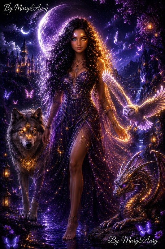 Fantasy Moon Priestess with Wolf & Phoenix | Printable Wall Art | Instant Digital Download | 5 Print Ratios | By Mary&Aury
