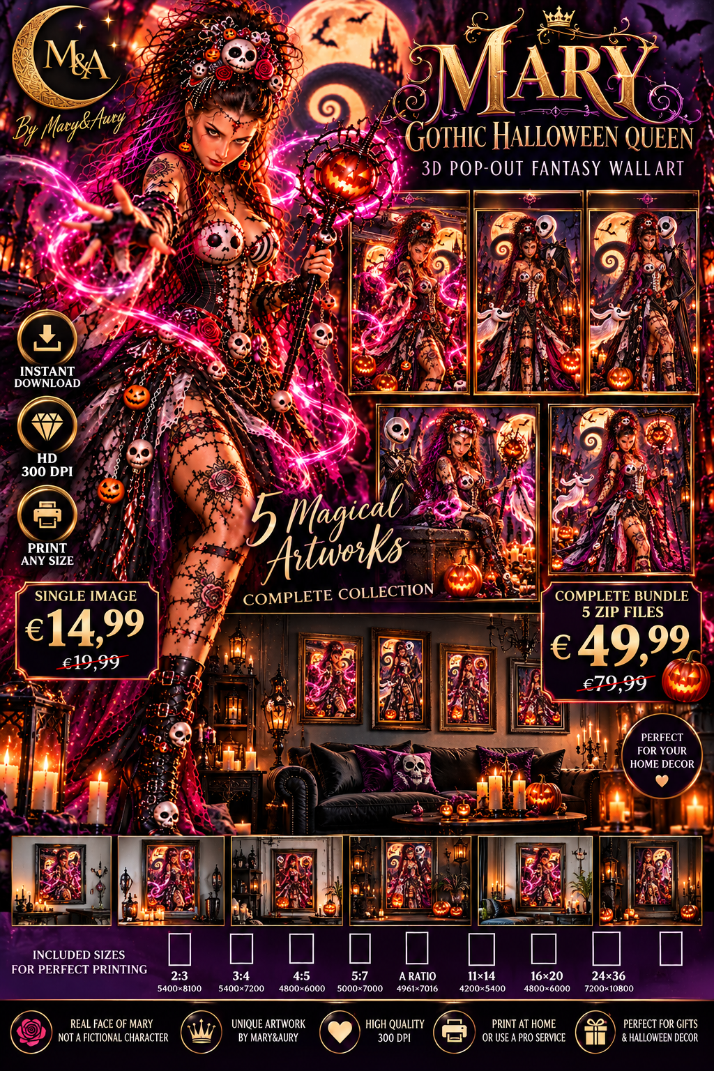 Mary Gothic Halloween Queen 3D Pop-Out fantasy wall art with magical glowing staff