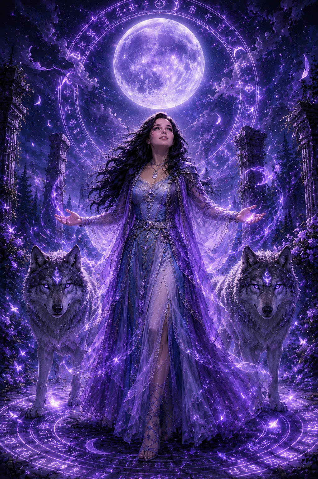 Aurora e i Lupi della Luna – Poster Fantasy Dark Viola Digitale | Arte Magica delle Rune Lunari | Download PNG Alta Qualità
