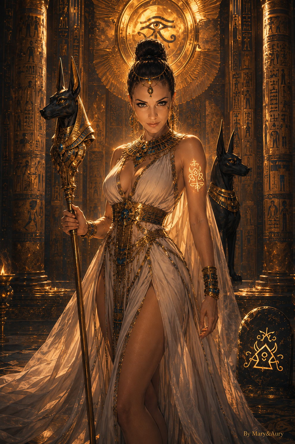 Ritratto fantasy della Sacerdotessa d’Oro con simboli egizi
