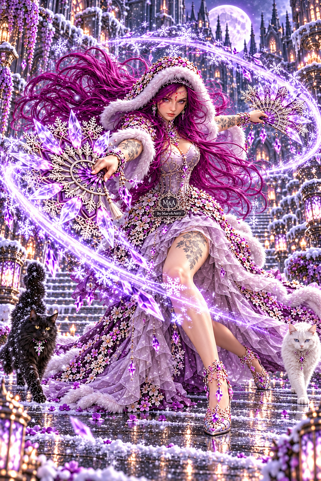 Regina viola in posa d’attacco con ventagli e scie di ghiaccio luminose.