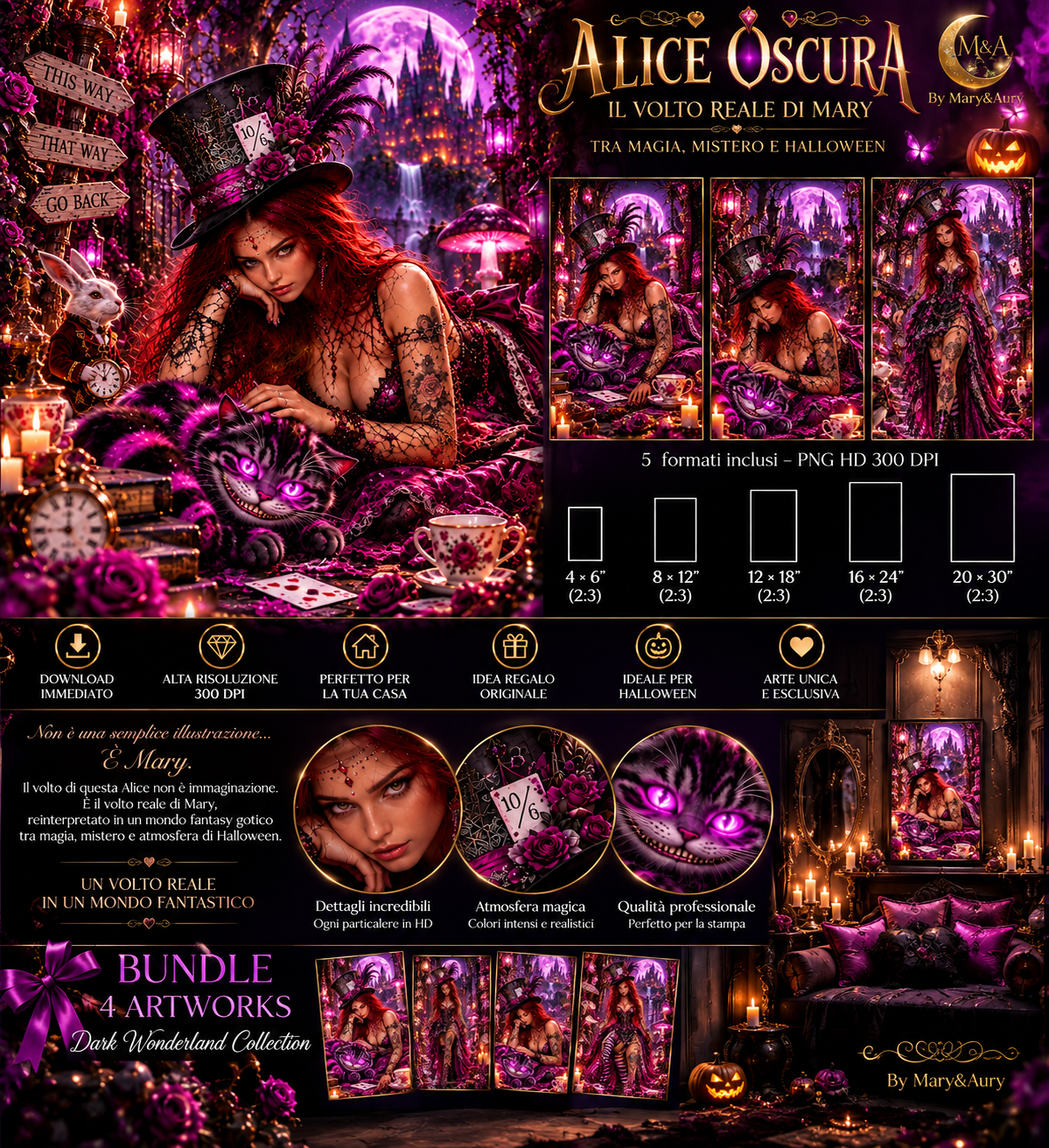 Copertina Alice Oscura – Dark Wonderland Collection: Aury in versione Alice dark fantasy con cappello a cilindro e gatto del Cheshire, tra luna viola, rose e castello incantato