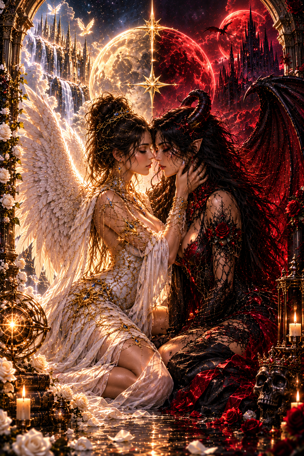 Illustrazione fantasy romantica tra luce e ombra