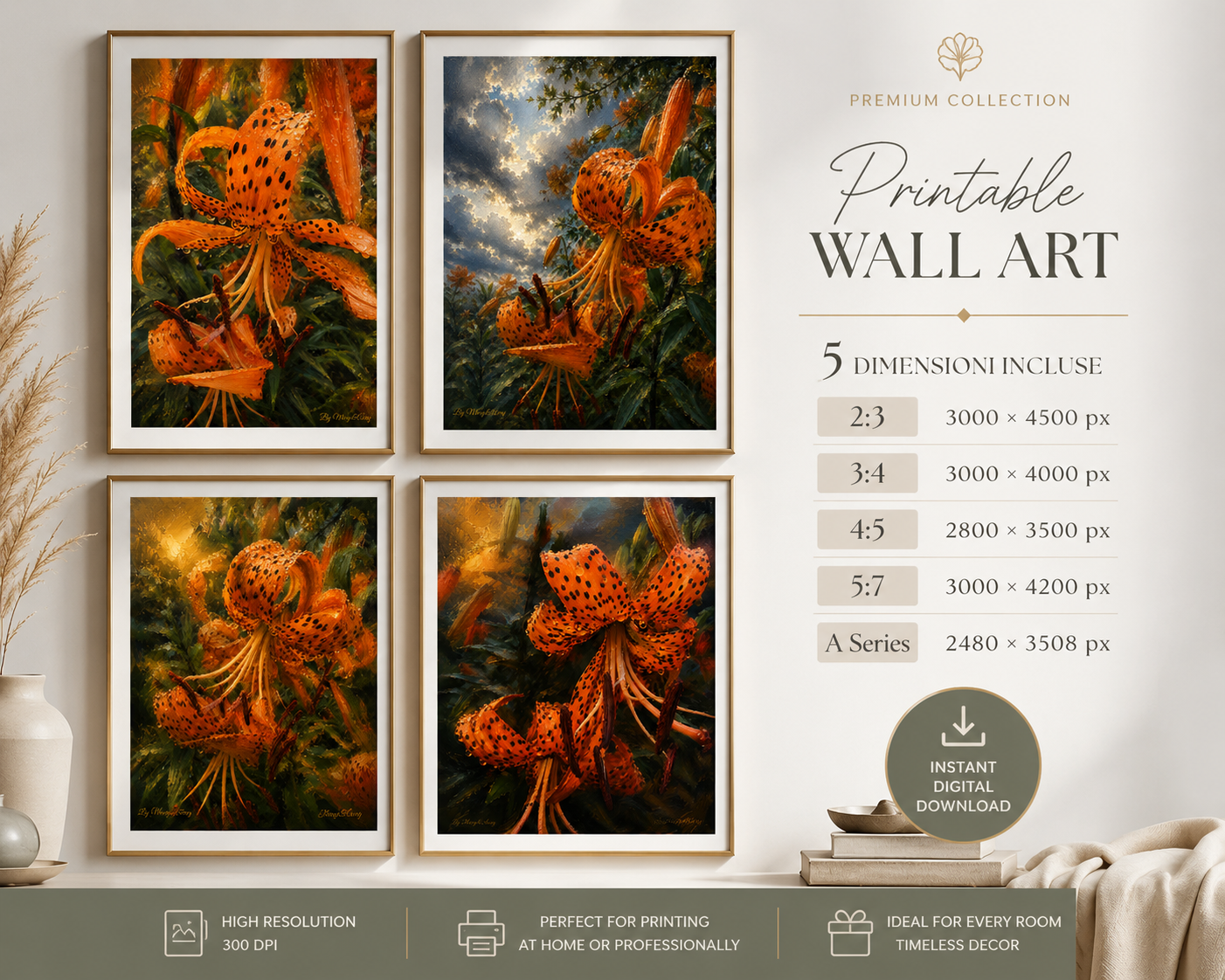 Mockup 4 poster Lilium tigre in cornice dorata