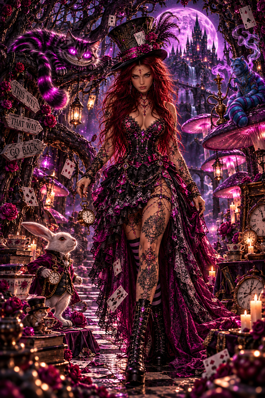 Alice nella Foresta Incantata: Aury in versione dark fantasy seduta sui libri magici con il Bianconiglio e il gatto del Cheshire, tra funghi luminosi e carte da gioco