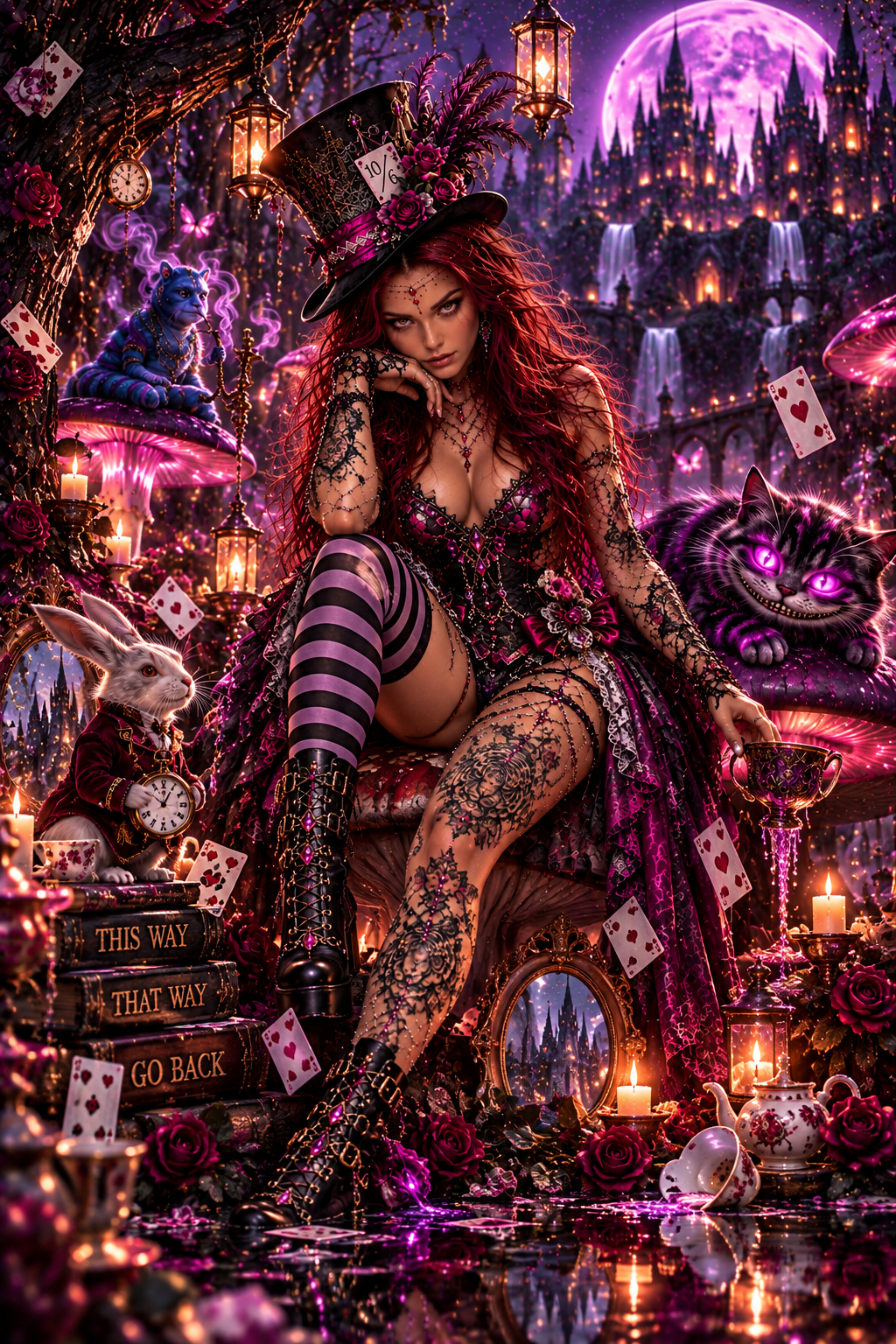 Bundle Alice Oscura – Dark Wonderland Collection: Aury in versione dark fantasy attraversa il giardino incantato con il gatto del Cheshire sotto la luna viola