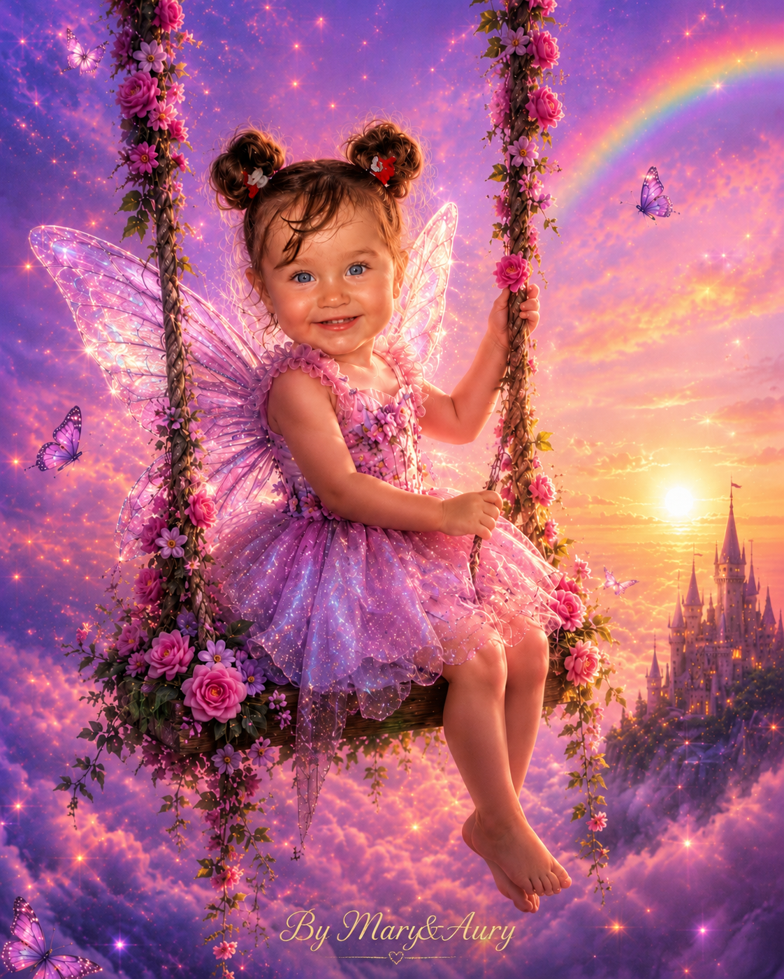 Fatina Tramonto Incantato – bambina fata sull'altalena al tramonto con castello incantato