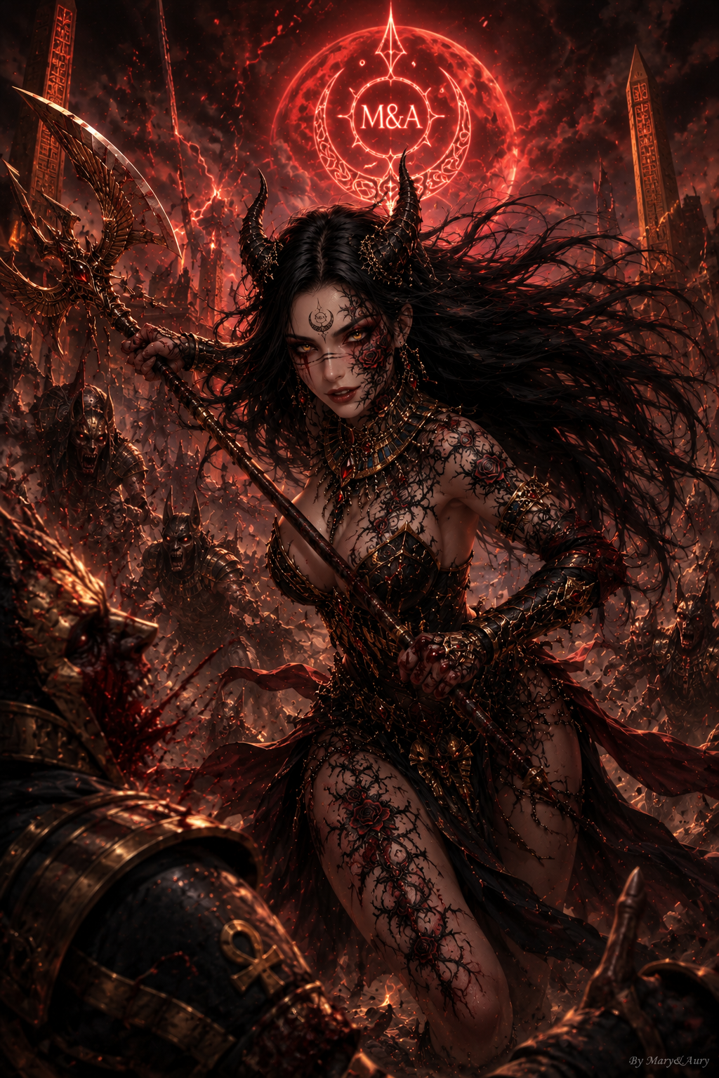 Zyra Noctis, regina demone dark fantasy in battaglia tra fiamme cremisi, corna e magia gotica