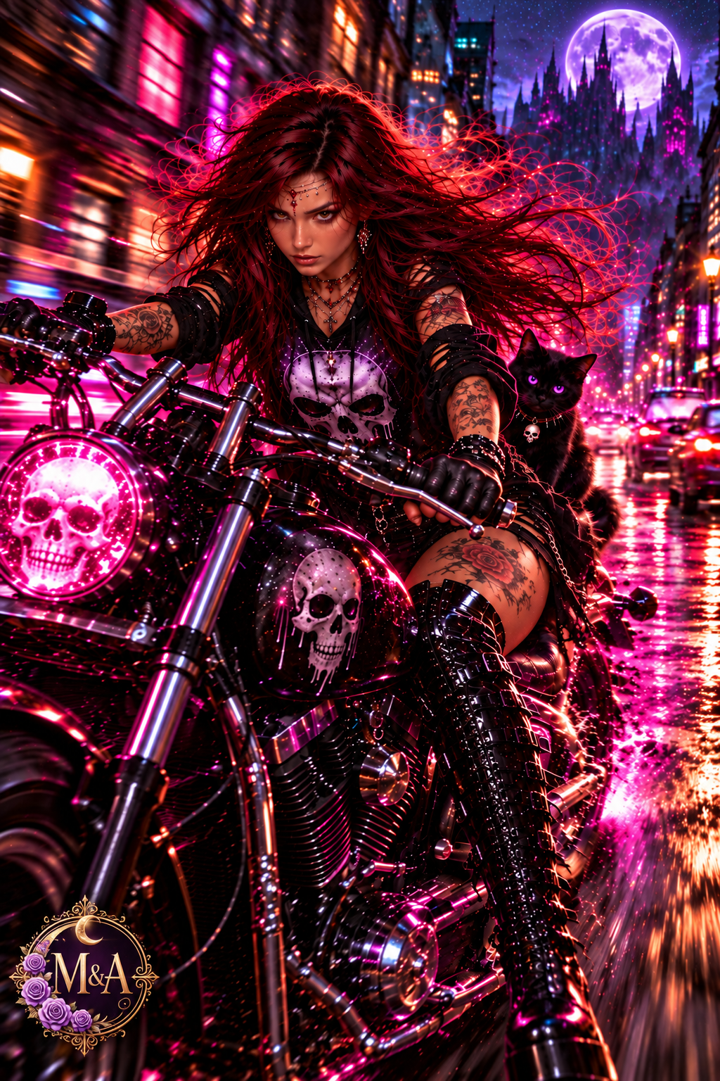 Aury su moto nera con teschi e gatto nero tra neon magenta e luna viola