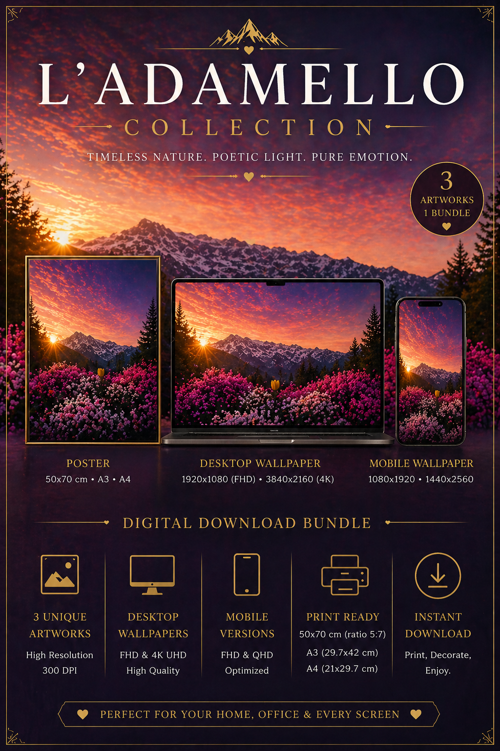 L'Adamello Collection – Tramonto tra i Fiori | Bundle Wall Art Stampabile | Poster, Sfondi Desktop & Mobile | Download Istantaneo