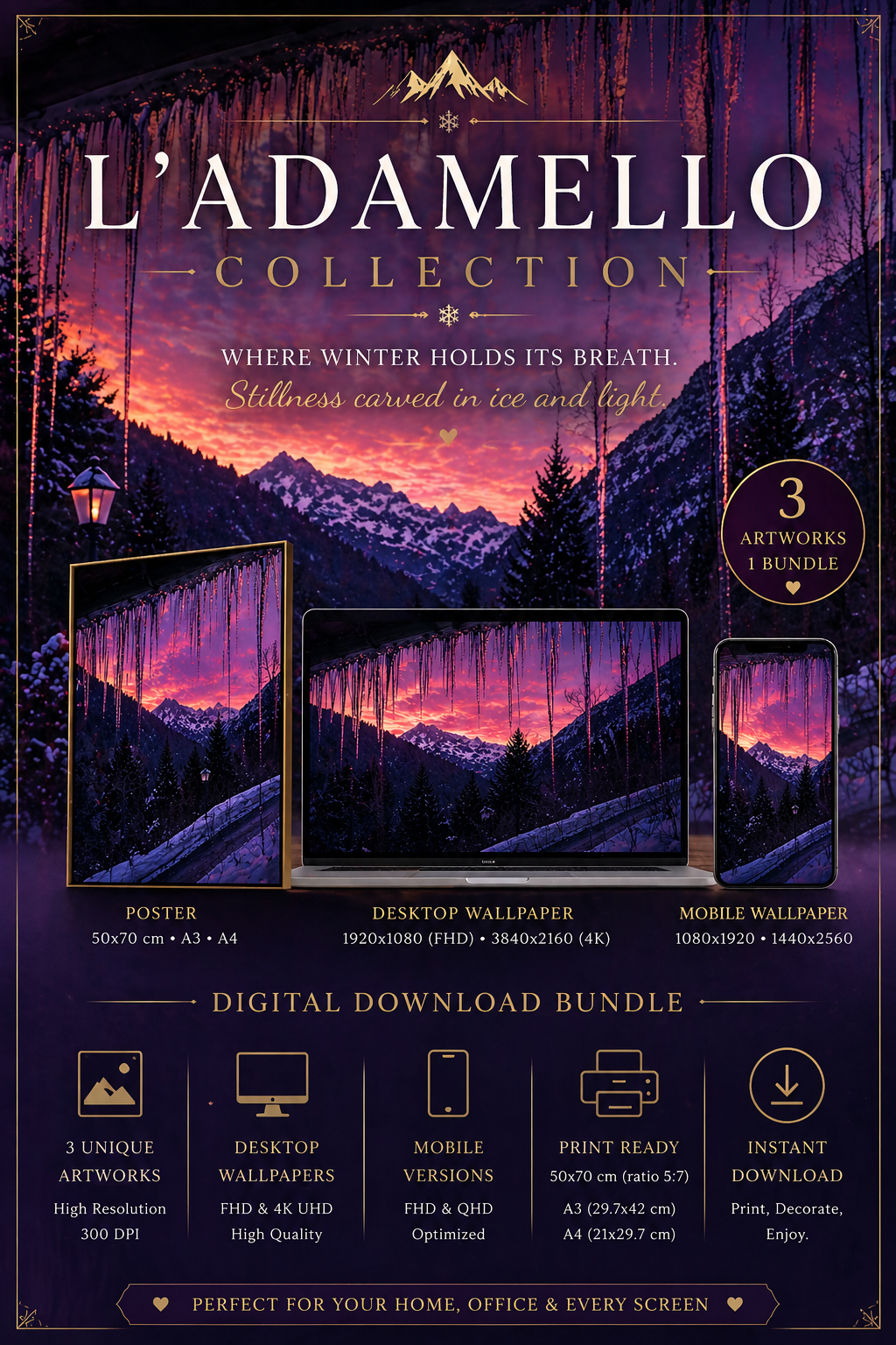 L'Adamello Collection – Ghiaccioli d'Inverno | Bundle Wall Art Stampabile | Poster, Sfondi Desktop & Mobile | Download Istantaneo