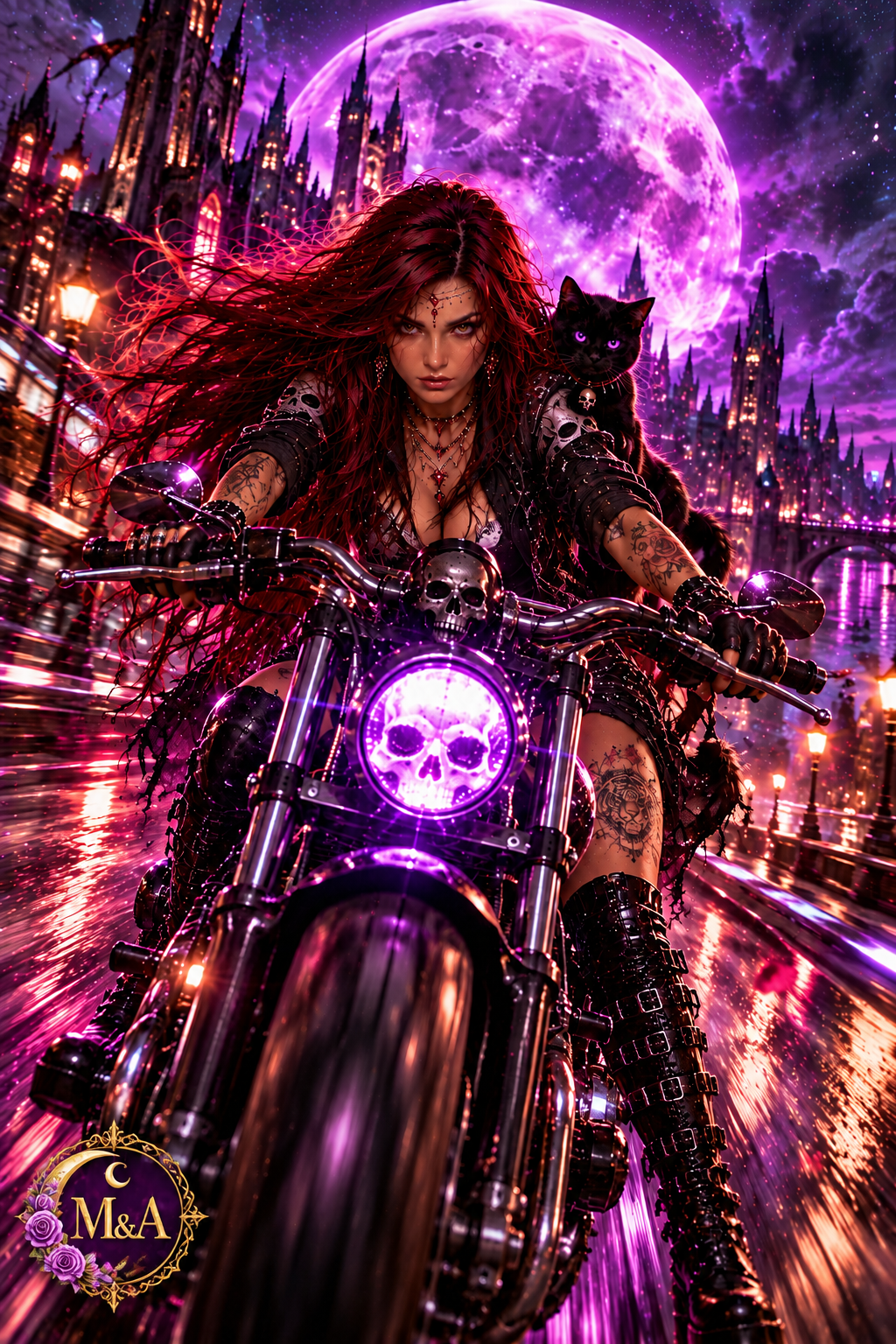Aury in moto vista frontale con gatto nero e grande luna viola sopra una città gotica
