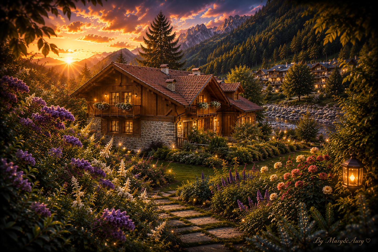Chalet alpino al tramonto fiorito - opera digitale By Mary&Aury