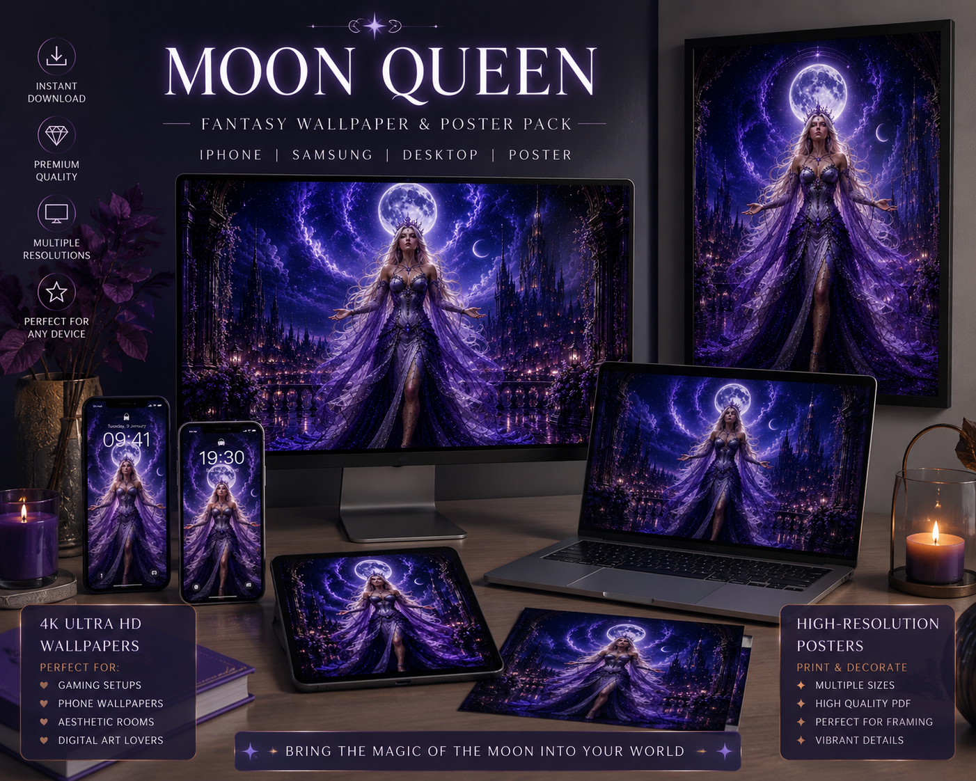 Regina della Luna – Pack Poster Stampabili | Arte Digitale Fantasy Dea Celestiale