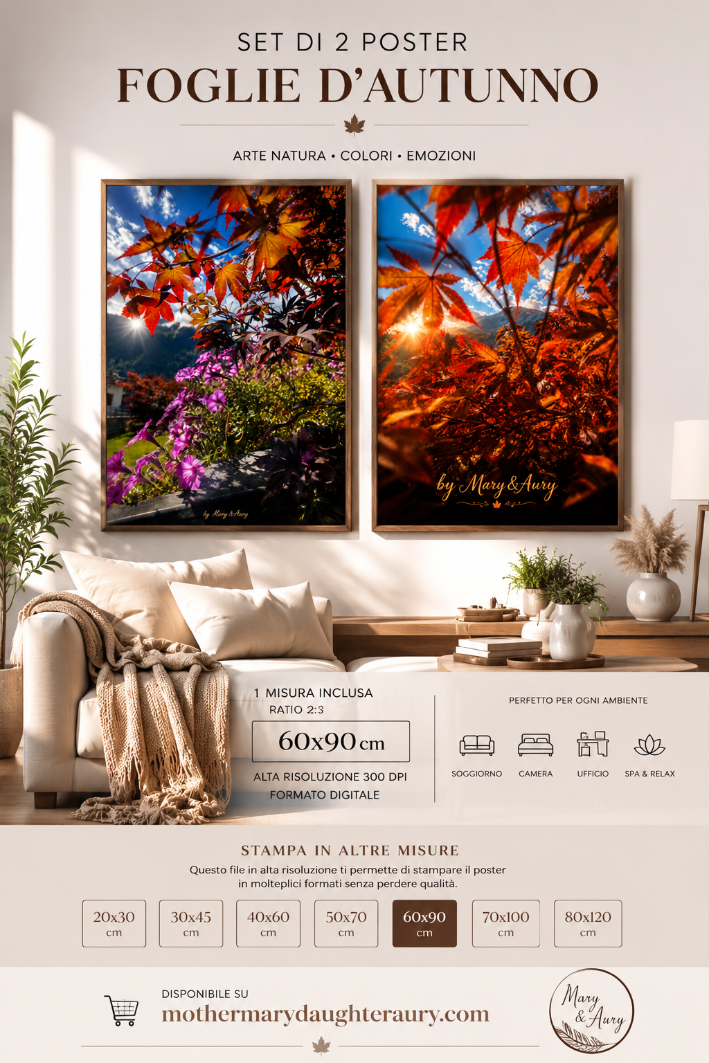 Set 2 poster autunnali in soggiorno – mockup Mary&Aury