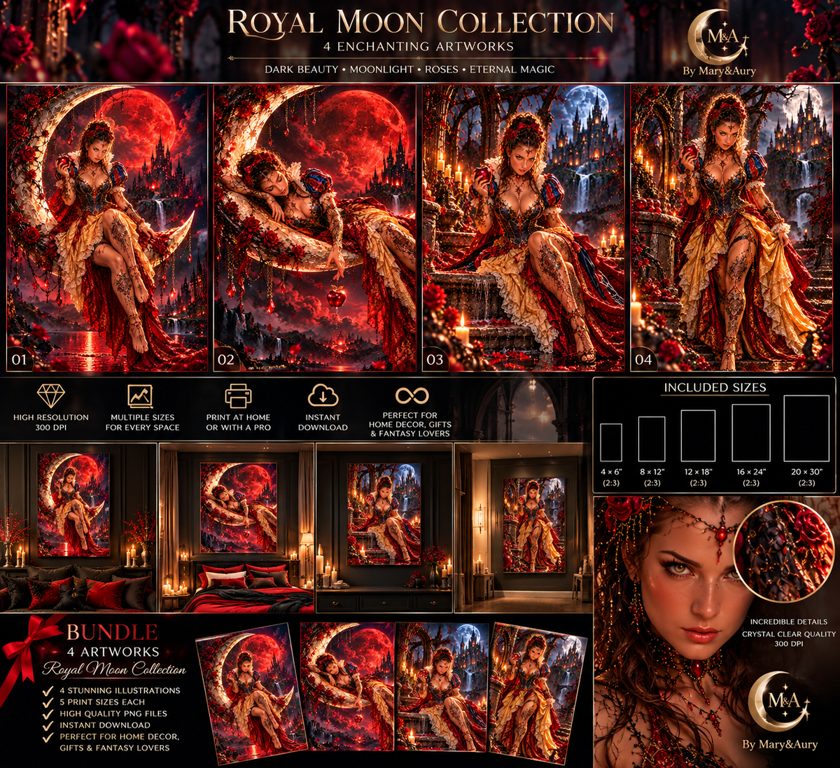 «Panoramica delle quattro illustrazioni gotiche Royal Moon con esempi di stampa e formati disponibili»