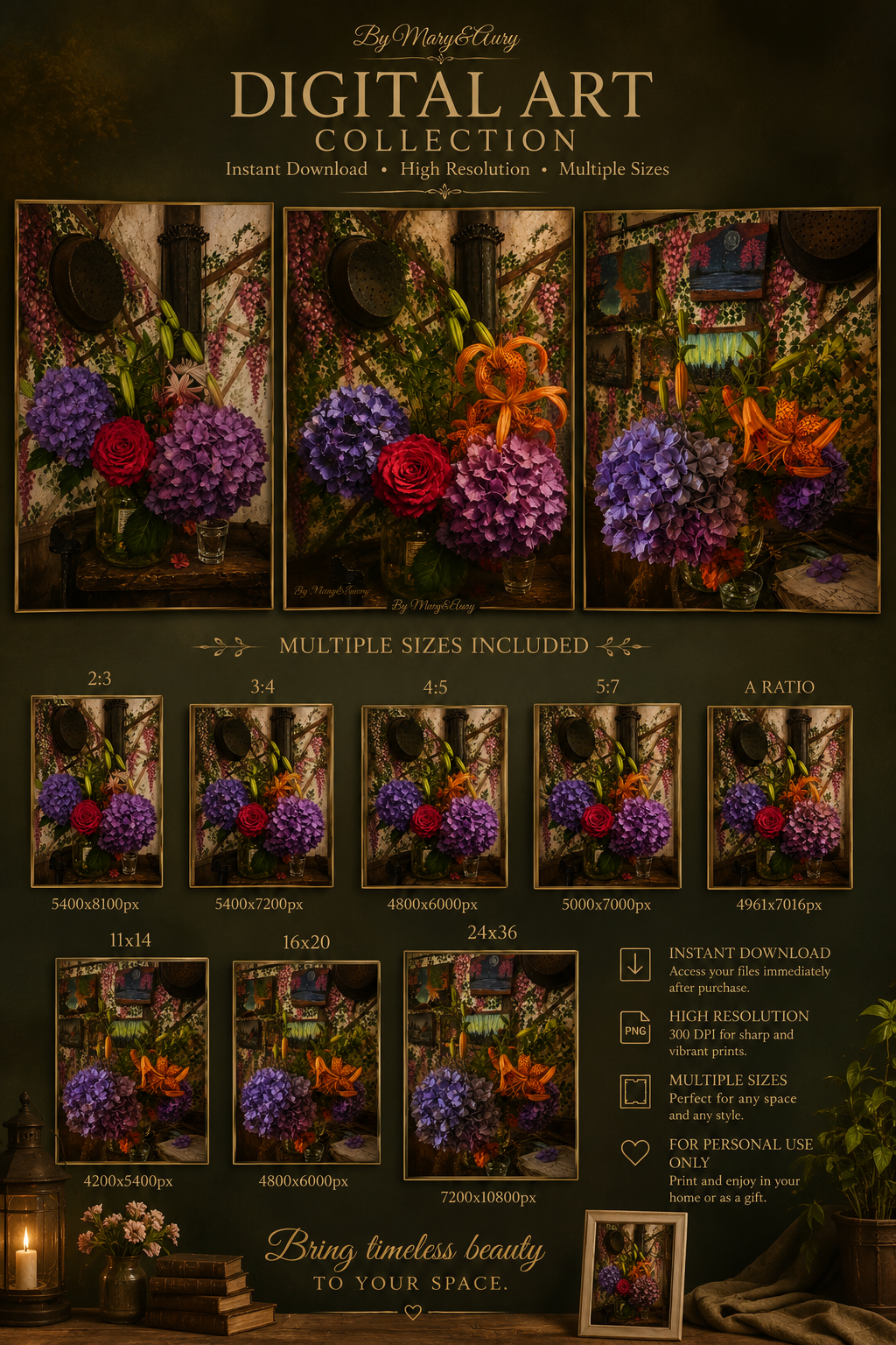 Mockup collezione arte digitale vintage – bouquet floreale