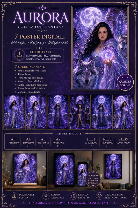 Aurora e i Lupi della Luna – Poster Fantasy Dark Viola Digitale | Arte Magica delle Rune Lunari | Download PNG Alta Qualità