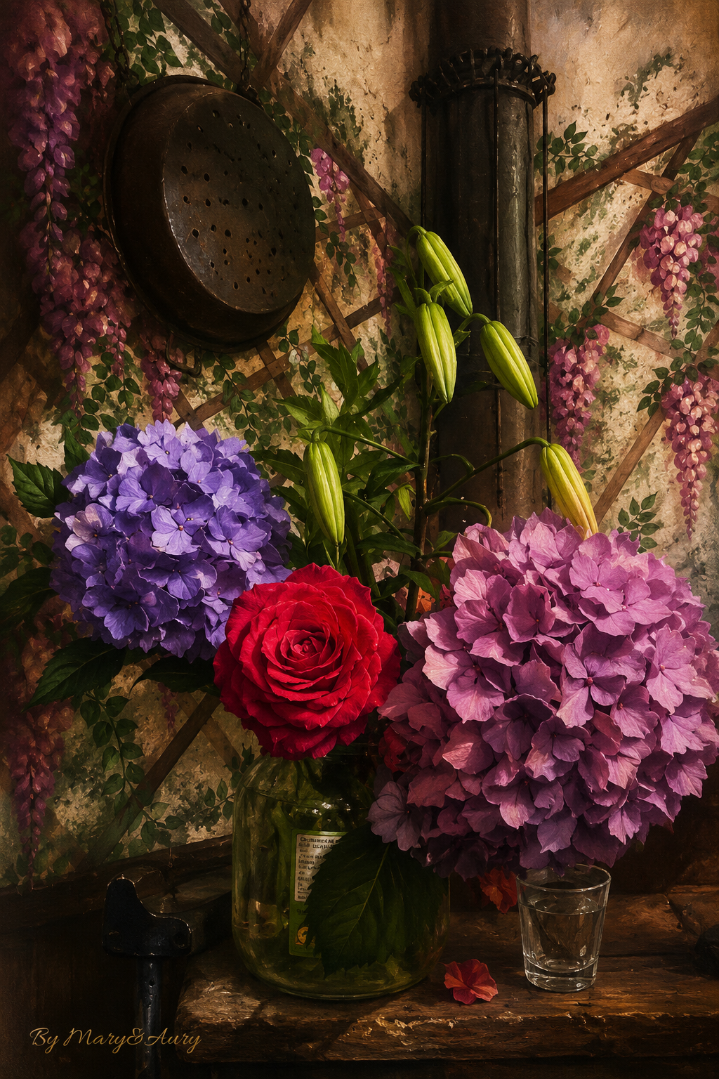 Composizione floreale rustica e romantica – ortensia e rosa rossa