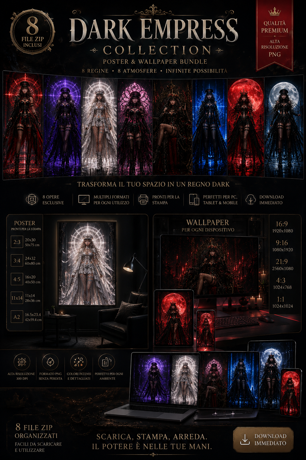 Dark Empress Collection – 8 Gothic Fantasy Poster & Wallpaper PNG ZIP