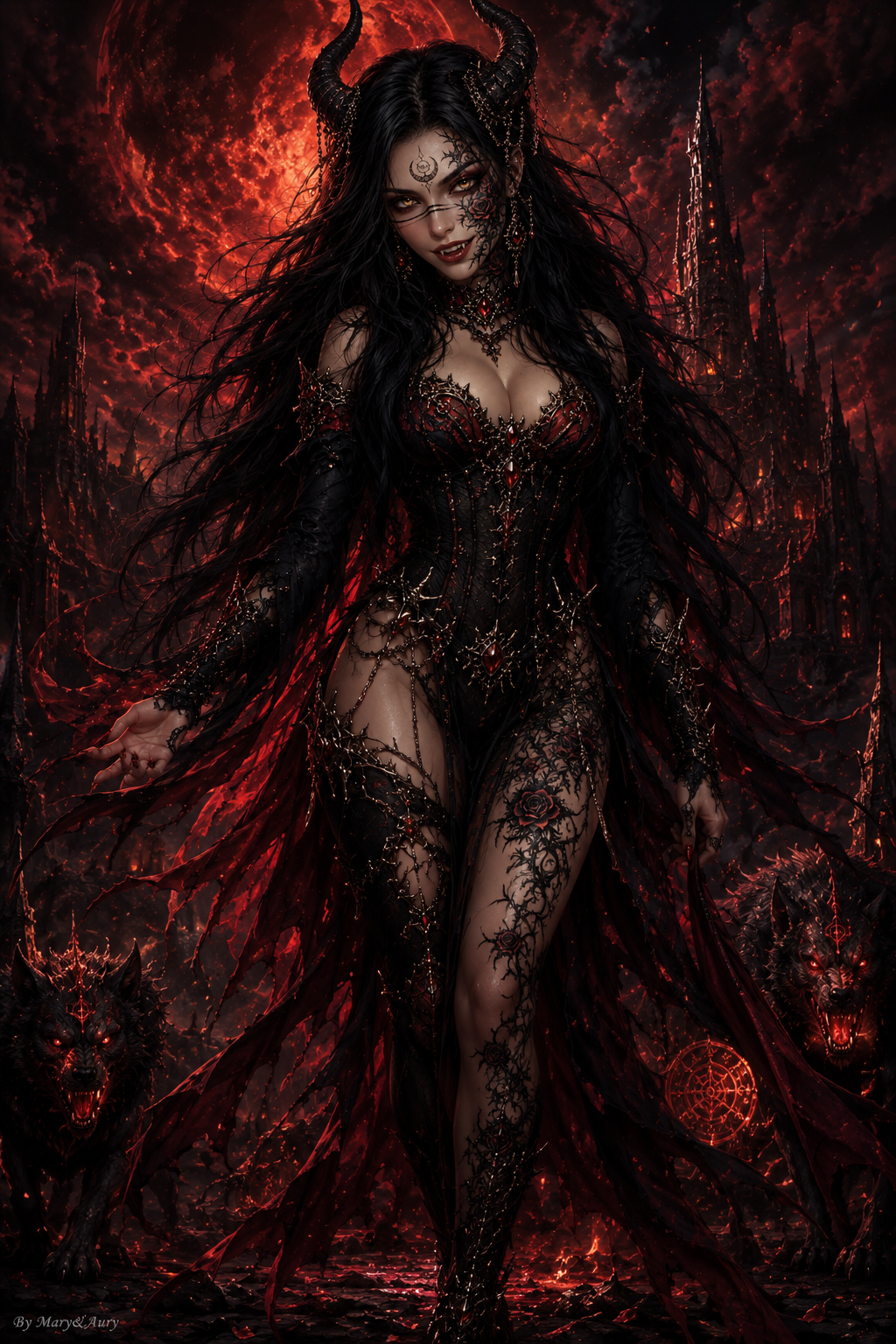 Zyra Noctis, demonessa gotica dark fantasy sotto la luna cremisi con corna, magia e rose nere