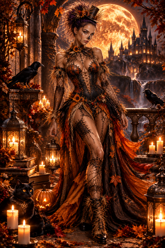 Mary in stile scarecrow tra foglie e luna dorata