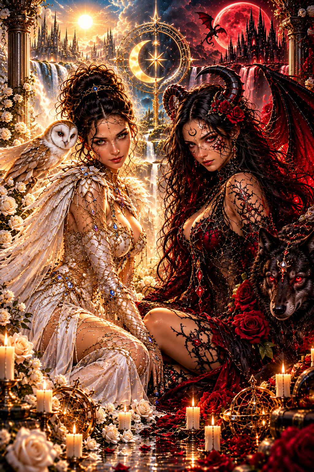 Illustrazione fantasy tra rose, luce e ombra