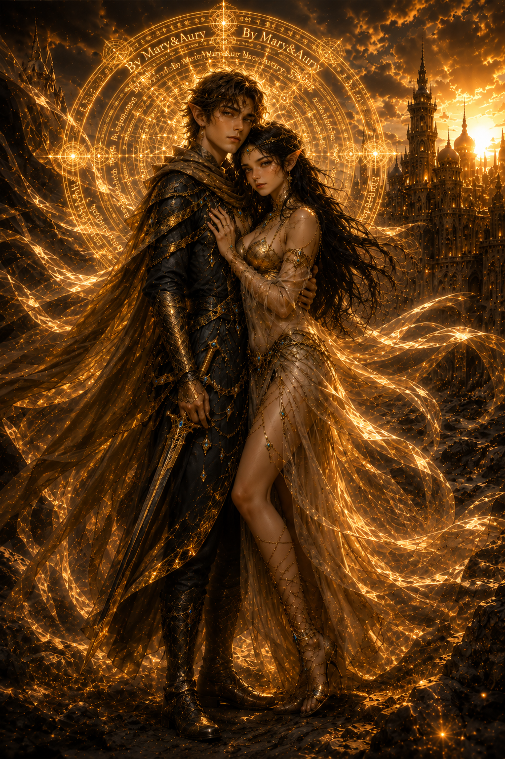 Elfi Magici sotto il sole dorato – poster fantasy digitale