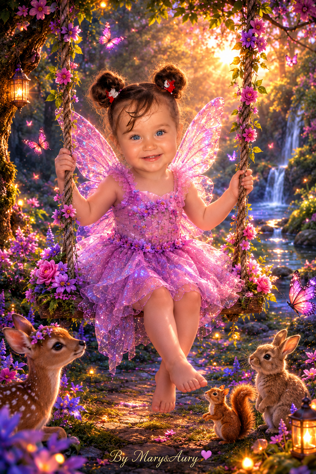 Fatina Notte di Luna – bambina fata con farfalla viola sotto la luna