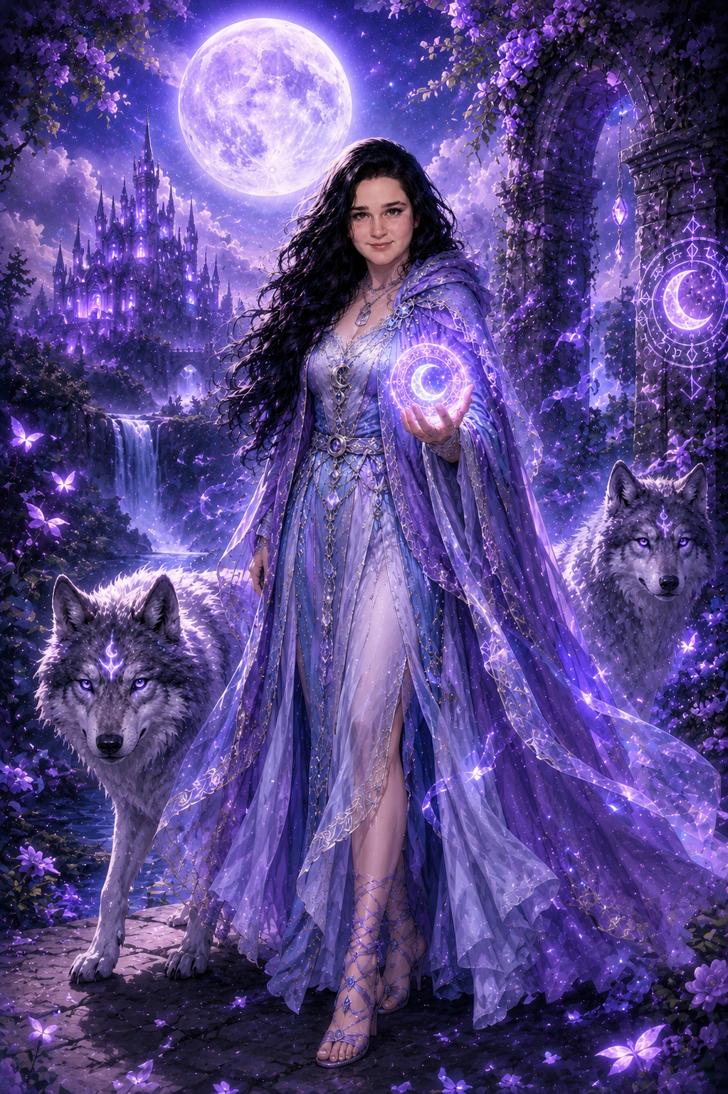 Aurora e i Lupi della Luna – Poster Fantasy Dark Viola Digitale | Arte Magica delle Rune Lunari | Download PNG Alta Qualità