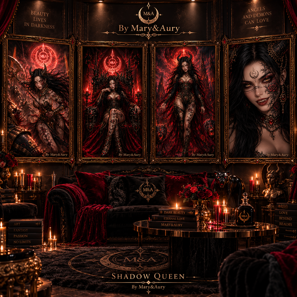 Zyra Noctis, demon queen dark fantasy con corna, capelli neri, rose cremisi e sigillo M&A in un’atmosfera gotica infernale