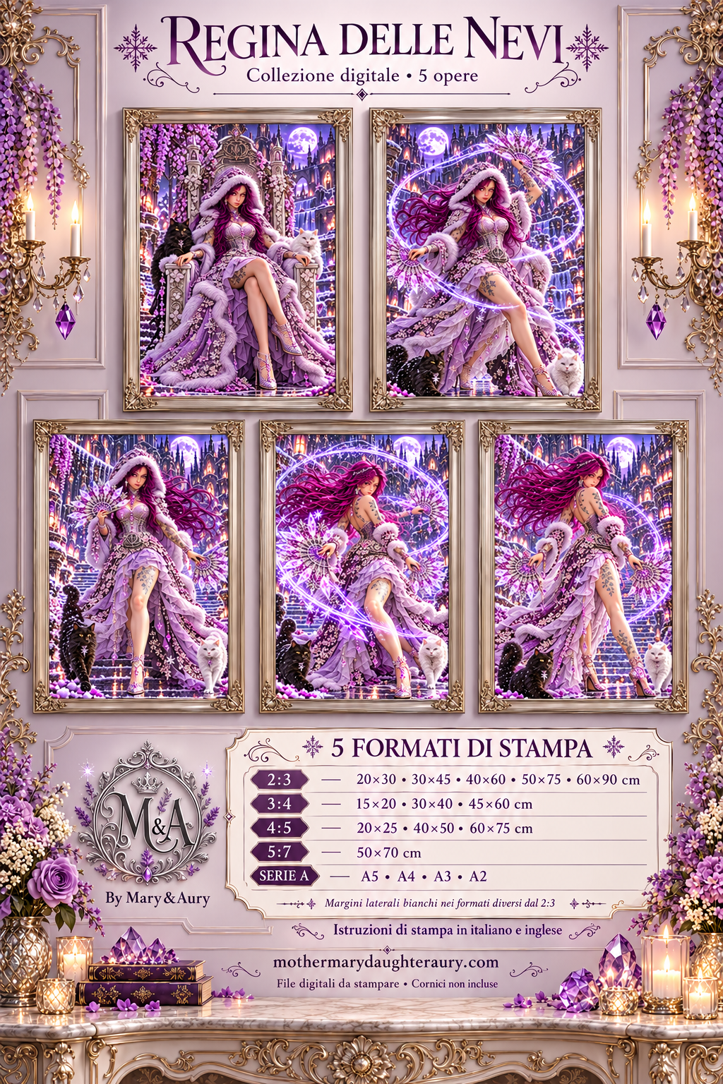 Mockup della collezione Regina delle Nevi con cinque poster incorniciati.