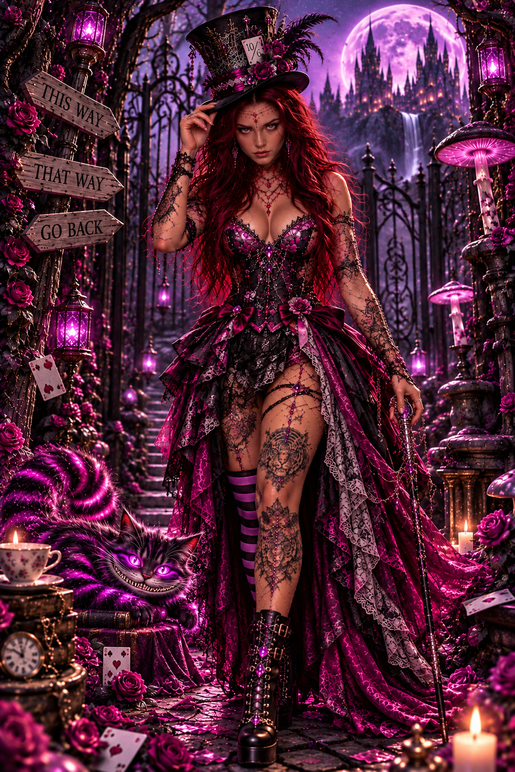 Alice Oscura nel Paese delle Meraviglie: Aury in versione dark fantasy in piedi nel giardino incantato con il gatto del Cheshire, il Bianconiglio e il castello sotto la luna viola