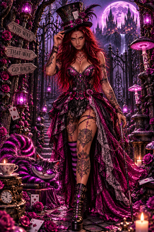 Alice Oscura nel Paese delle Meraviglie: Aury in versione dark fantasy in piedi nel giardino incantato con il gatto del Cheshire, il Bianconiglio e il castello sotto la luna viola