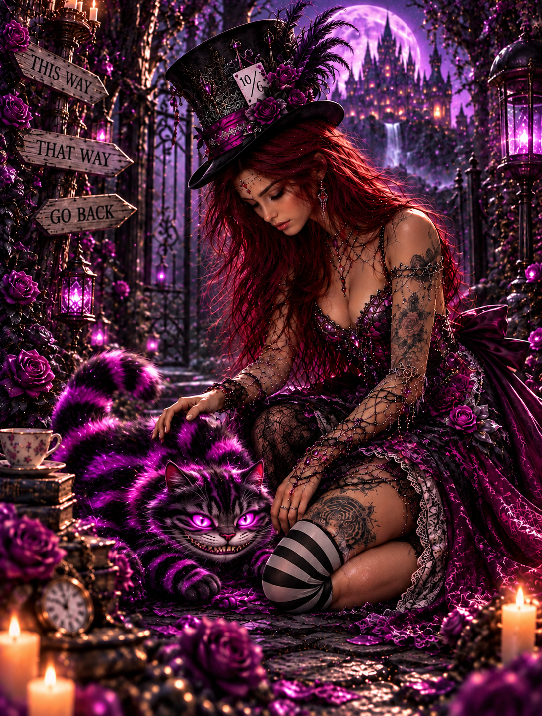 Alice e il Gatto del Cheshire: Aury in versione dark fantasy accovacciata nel giardino gotico accarezza il gatto del Cheshire sotto la luna viola