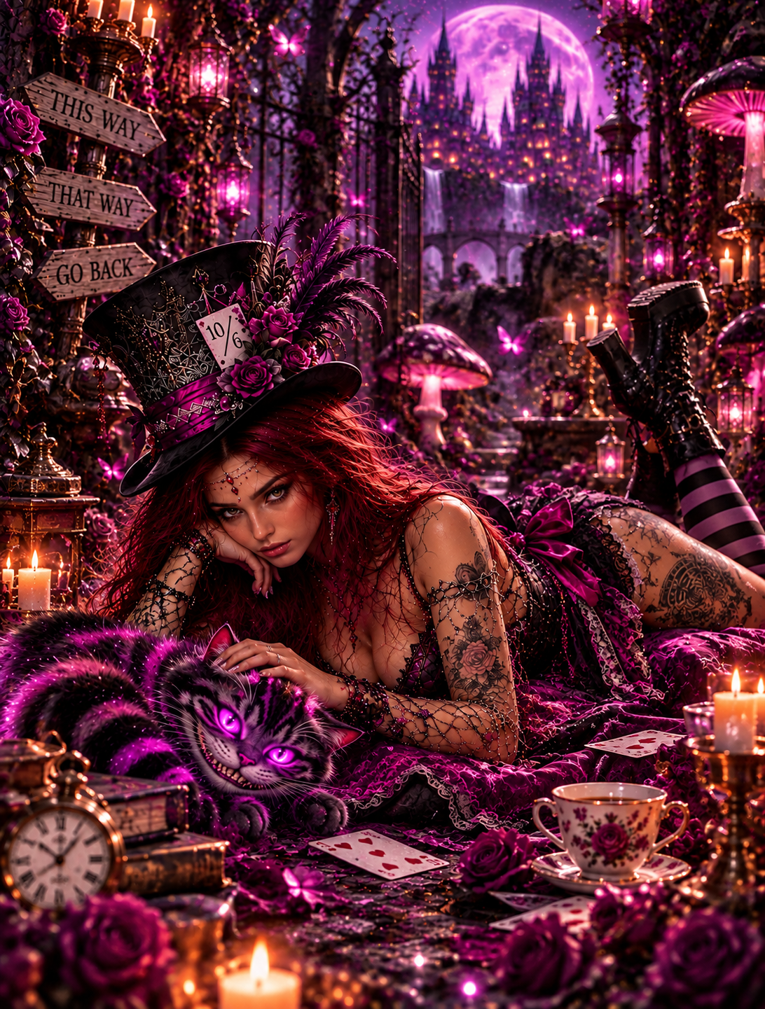 Alice sotto la Luna Viola: Aury in versione dark fantasy distesa nel giardino gotico con il gatto del Cheshire, tra luna viola, rose oscure e castello incantato