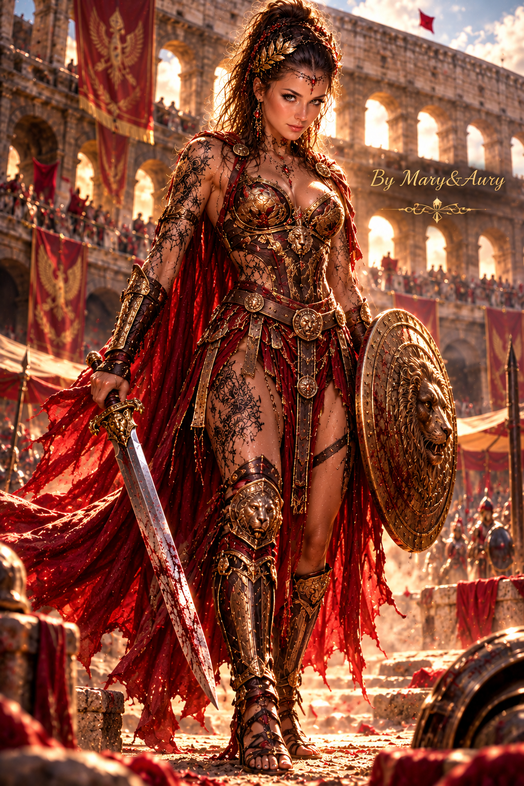 Gladiatrice romana nell'arena del Colosseo con armatura rossa e dorata, spada e scudo con leone – By Mary&Aury