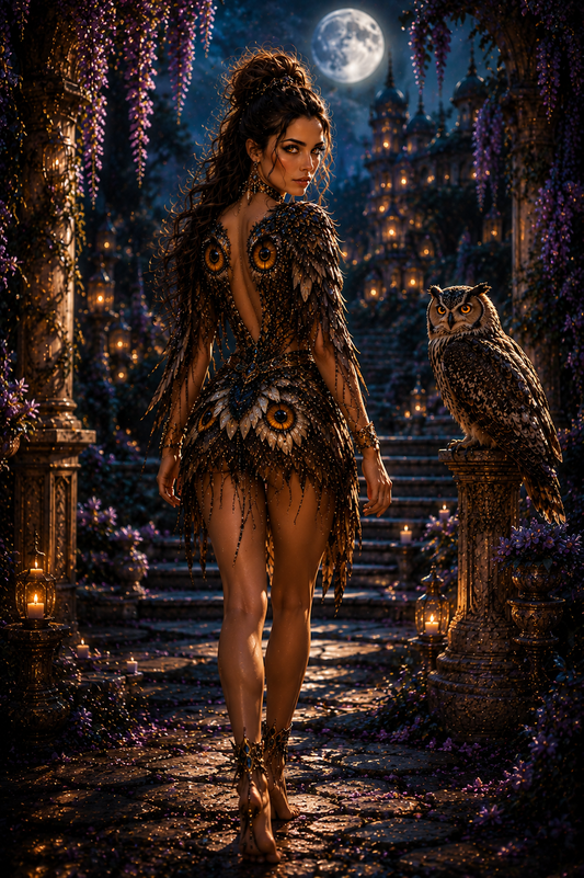 Guardiana del Gufo sotto la luna piena – arte digitale fantasy manga – Mary&Aury