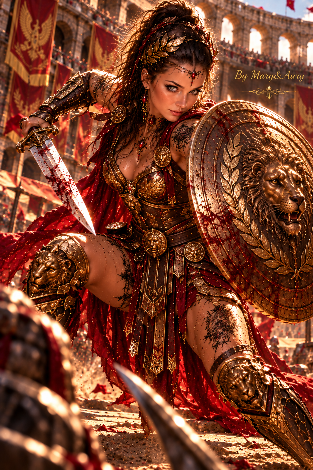 Guerriera romana fantasy nell'arena al tramonto con scudo dorato decorato con leone – By Mary&Aury