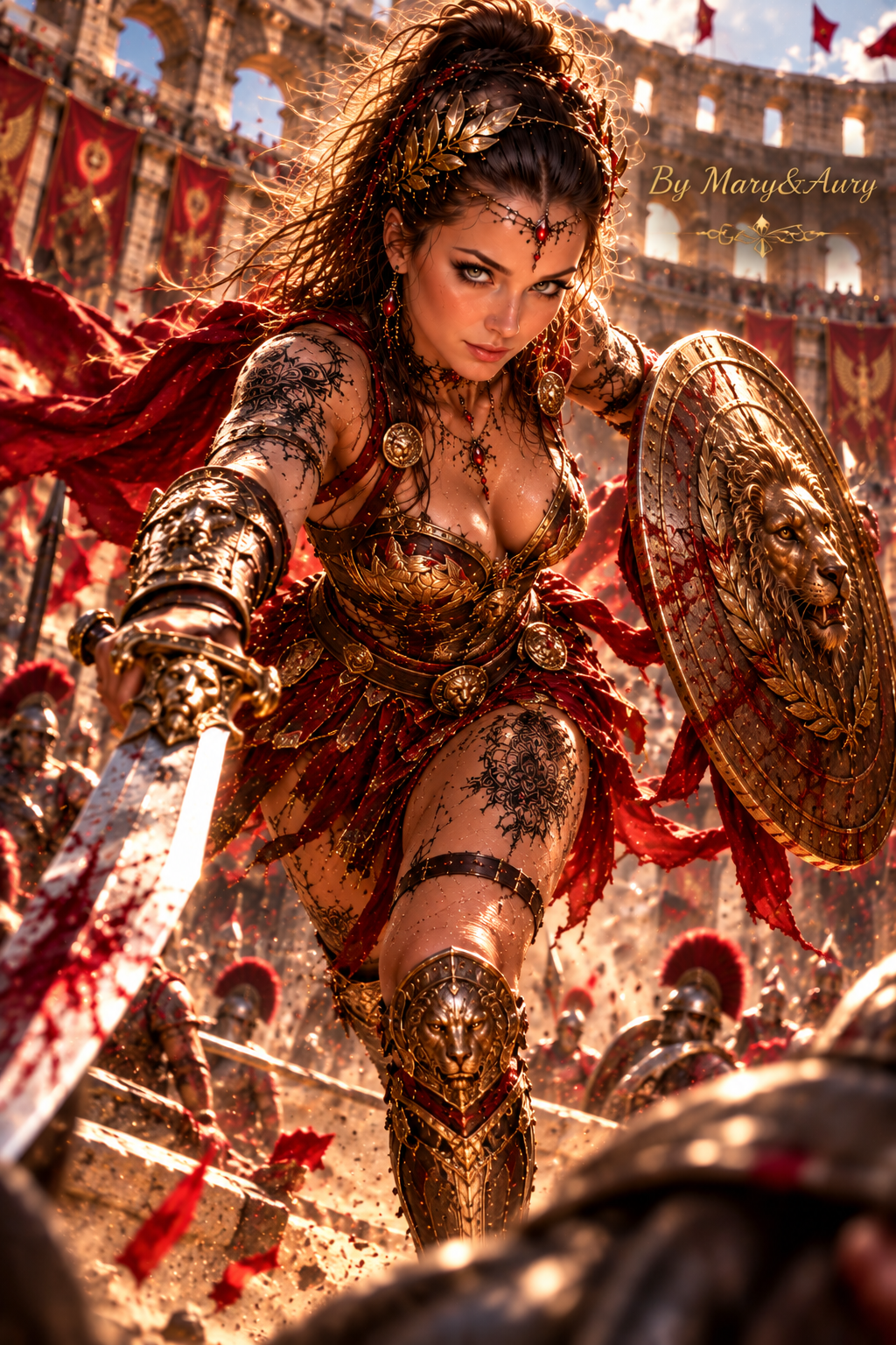 Guerriera romana fantasy in assalto nell'arena, con armatura dorata, spada e scudo con leone – By Mary&Aury