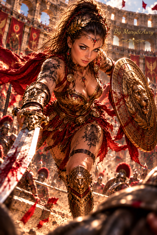 Guerriera romana fantasy in assalto nell'arena, con armatura dorata, spada e scudo con leone – By Mary&Aury