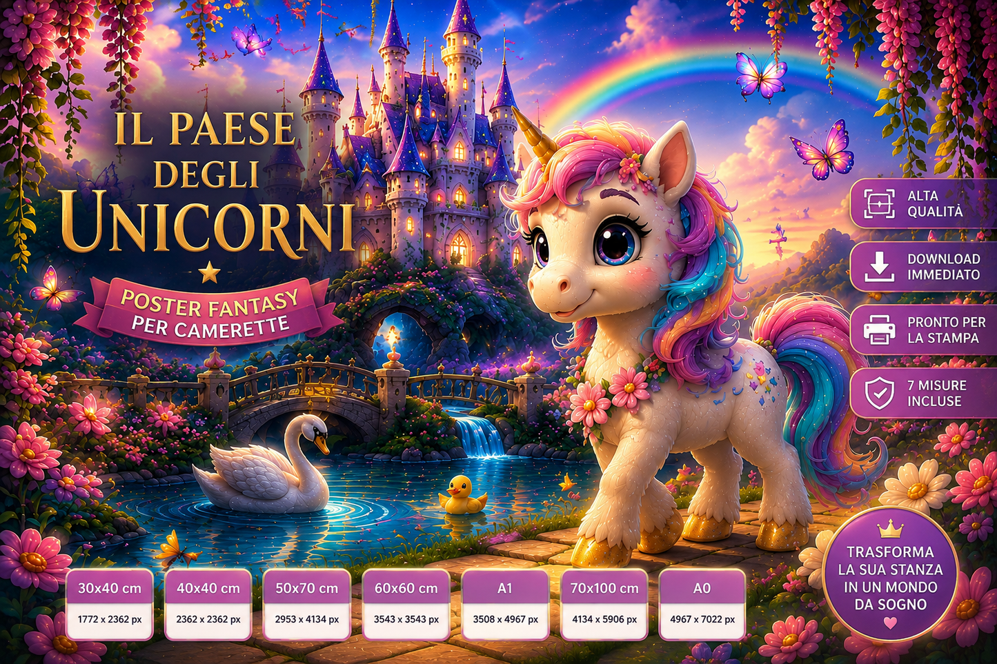 Il Paese degli Unicorni – Poster Fantasy Cameretta Bambini