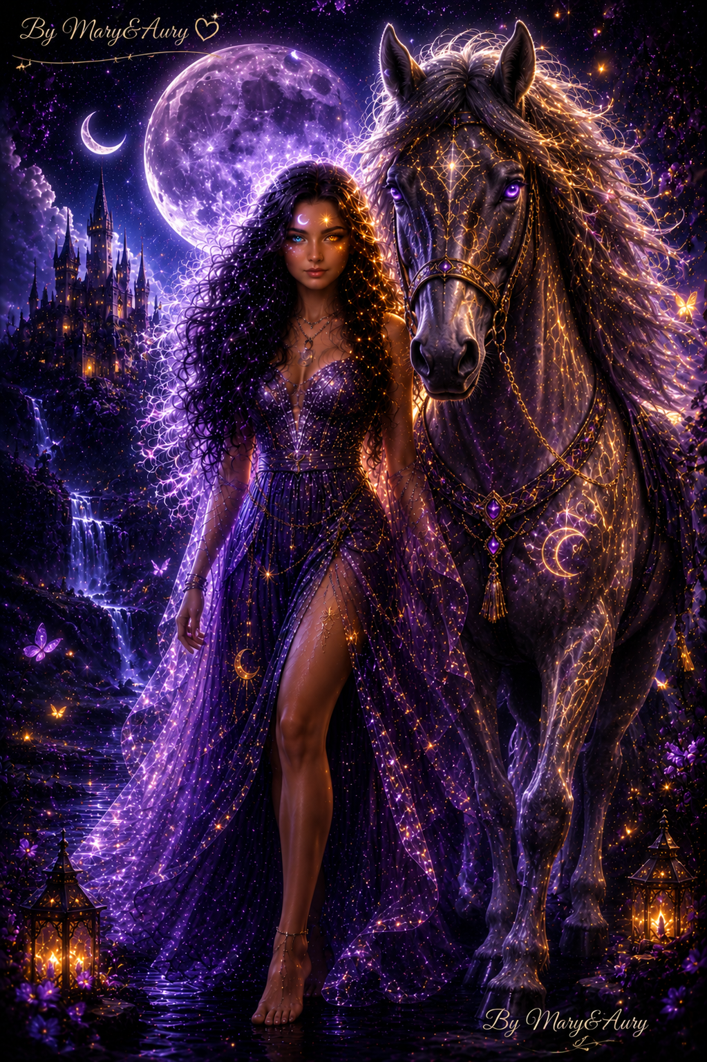 Fantasy Moon Priestess with Wolf & Phoenix | Printable Wall Art | Instant Digital Download | 5 Print Ratios | By Mary&Aury