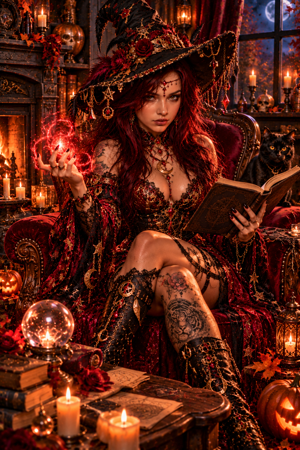 Aury Gothic Witch Digital Art Print con volto di Aury, magia rossa e atmosfera dark fantasy.