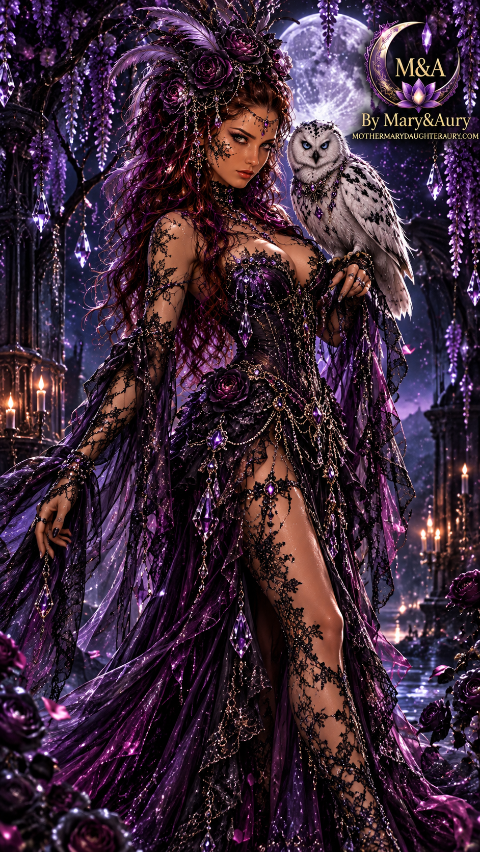 Gothic Queen Mary with white owl under the moon