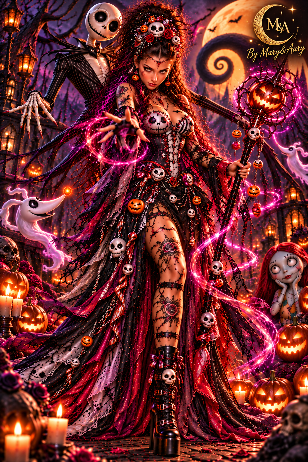 Mary&Aury Gothic Halloween fantasy artwork under a golden moon