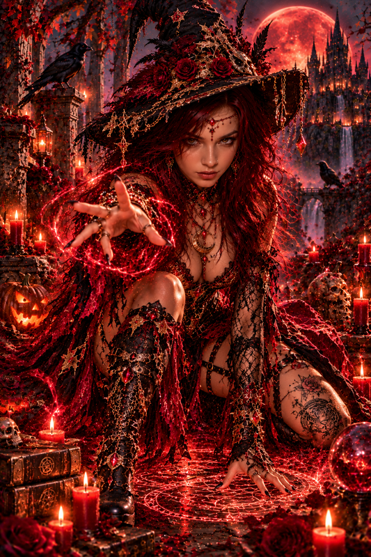 Aury Gothic Witch Digital Art Print con volto di Aury, magia rossa e atmosfera dark fantasy.