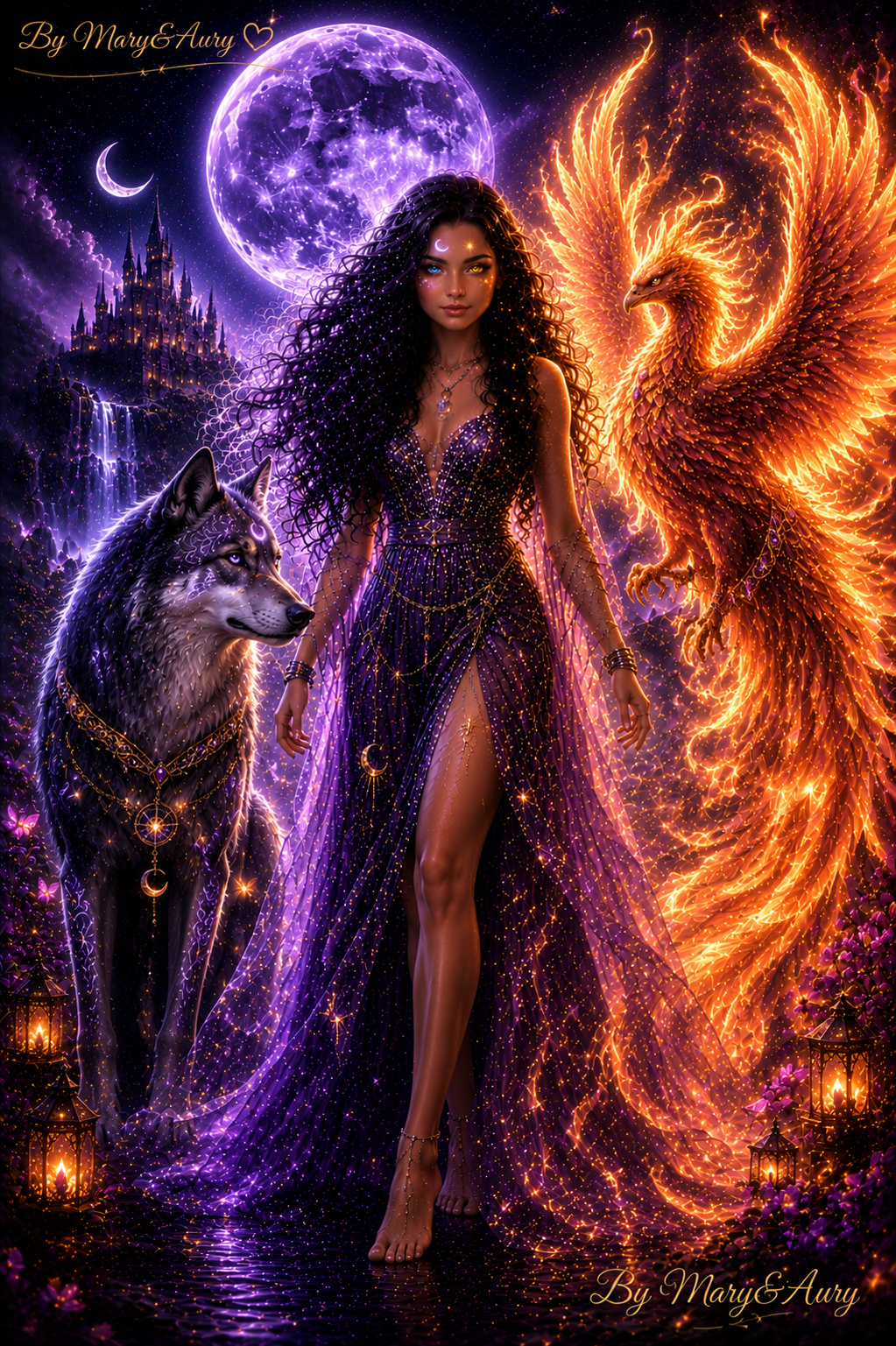 La maga sotto la luna viola – poster fantasy con lupo e fenice