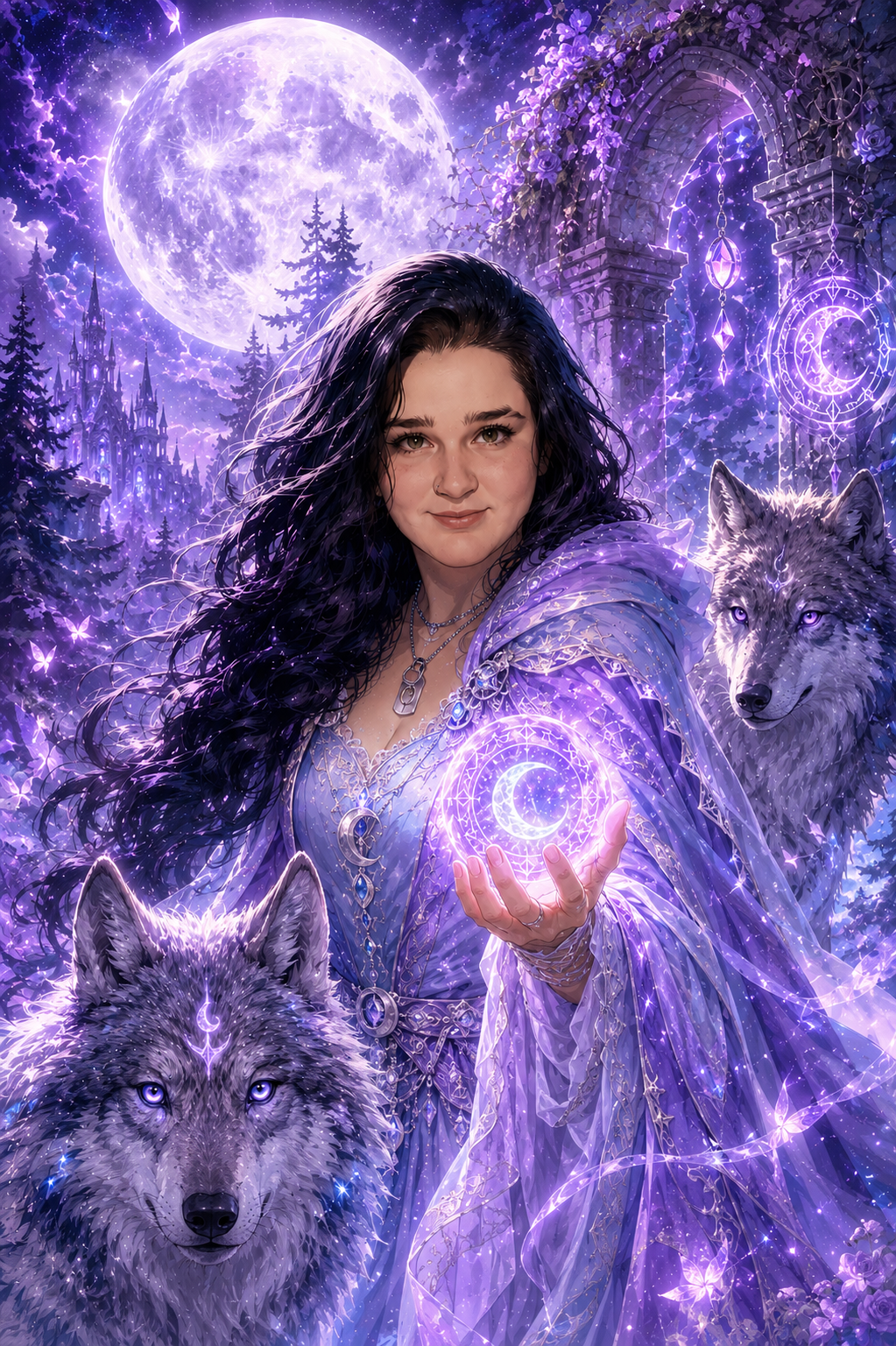 Aurora e i Lupi della Luna – Poster Fantasy Dark Viola Digitale | Arte Magica delle Rune Lunari | Download PNG Alta Qualità
